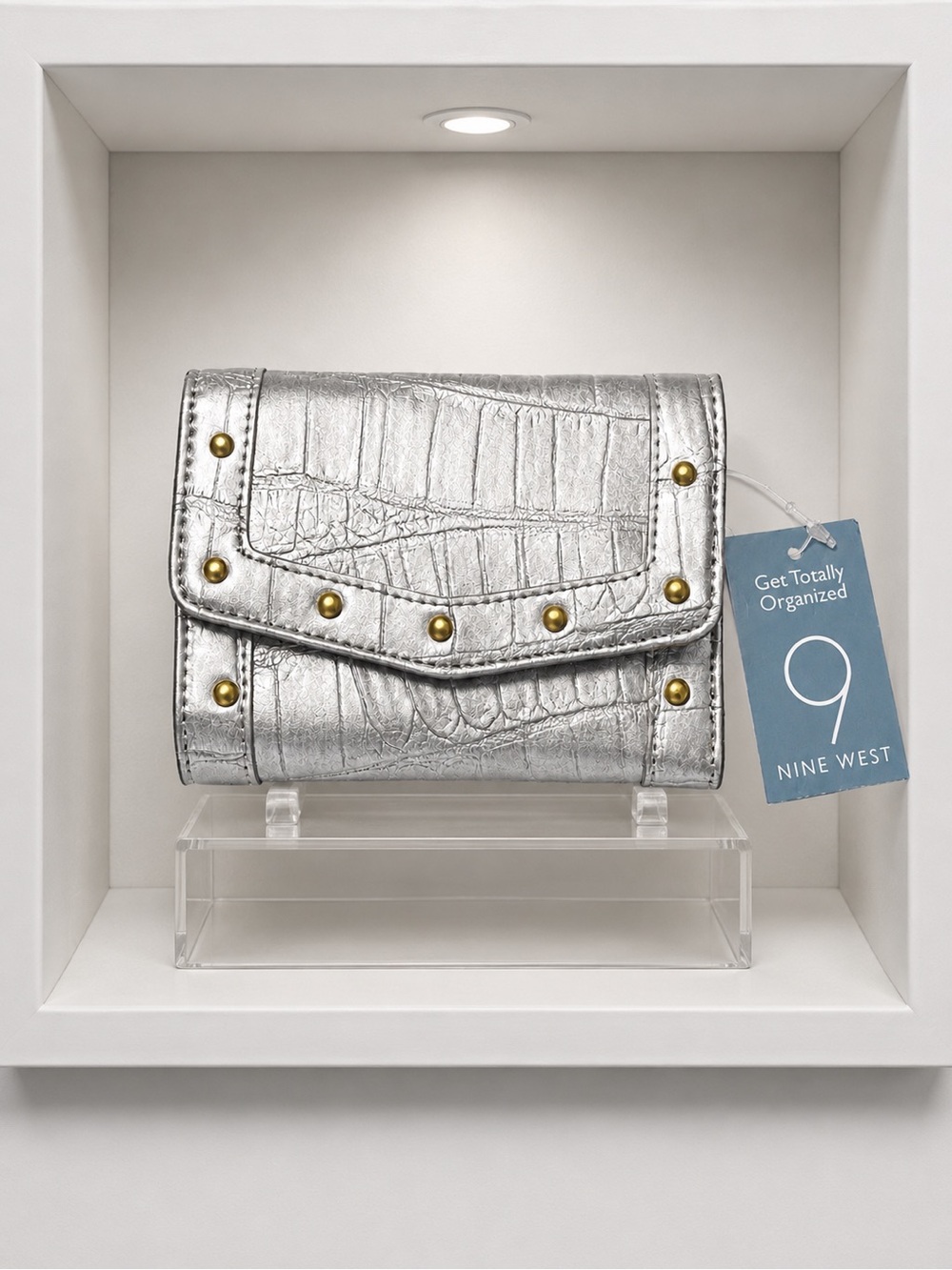 NWT Nine West Silver Metallic Croc Embossed Studded Tri-Fold Wallet